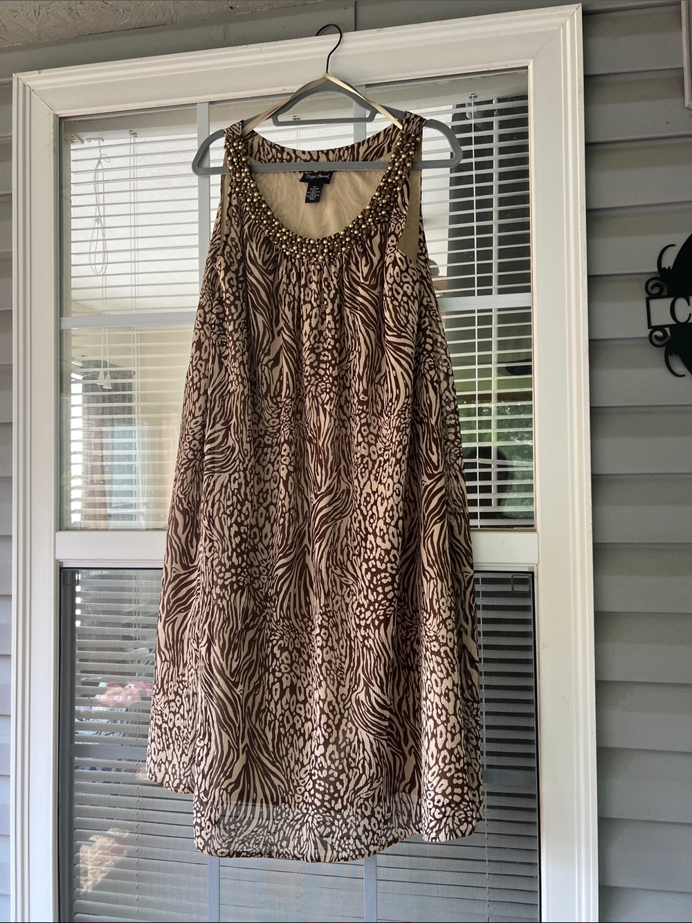 Maggie Barnes Brown and Cream Animal Print Beaded Neckline Midi Dress